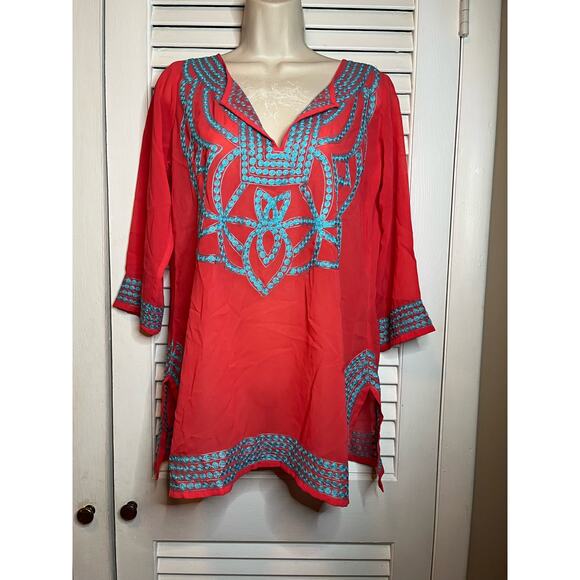 Gretchen Scott Designs silky 100% cotton tunic coral/blue ample fit XS Embroider - Picture 1 of 6
